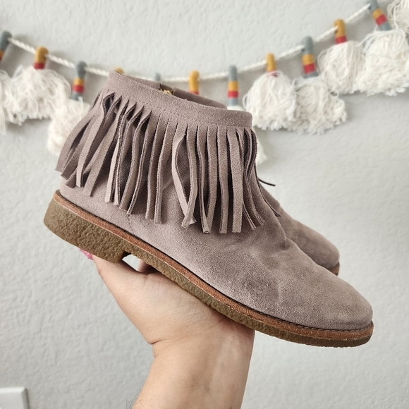 Kate Spade Gray Suede Fringe Side Zip Ankle Booties Boho Minimalist Chic 6.5 - Picture 1 of 12